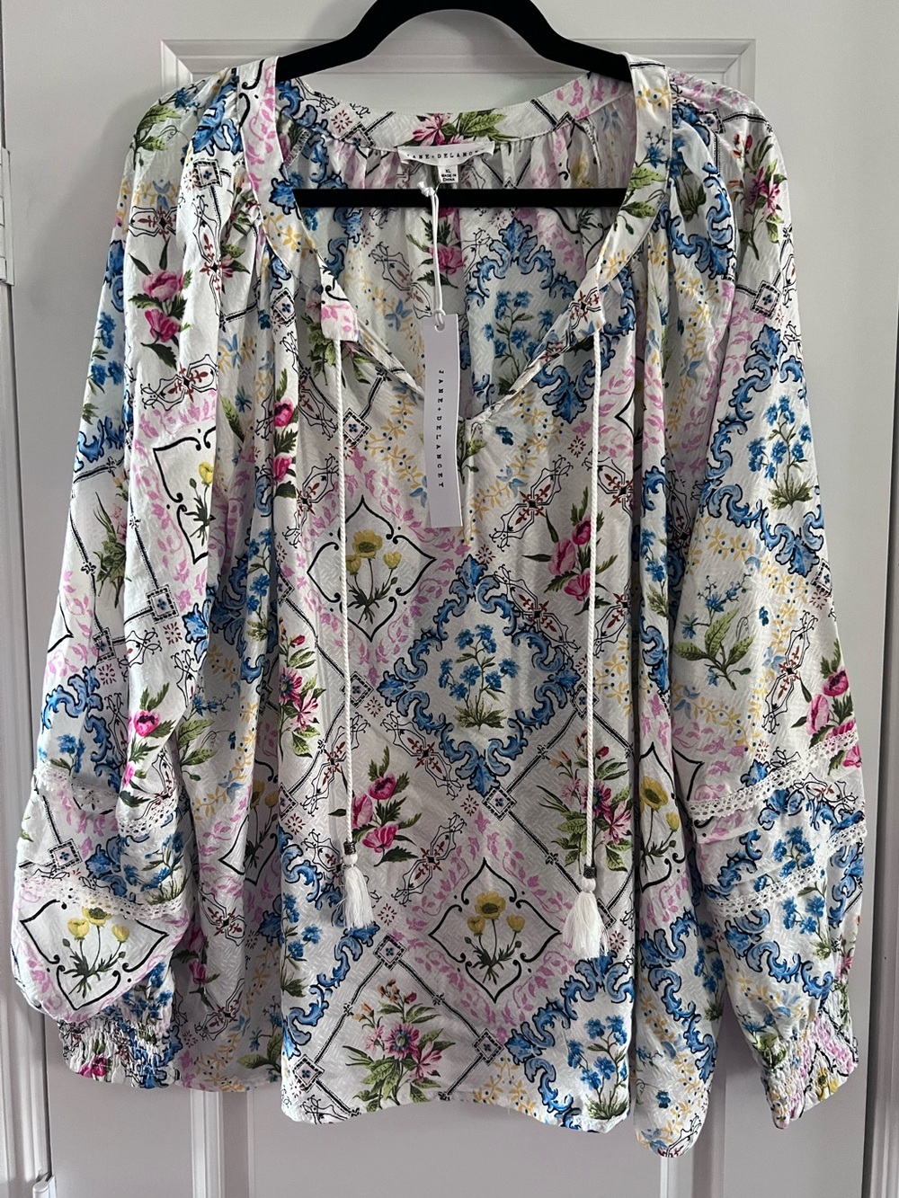 Floral Peasant Blouse - White with Blue & Pink Print